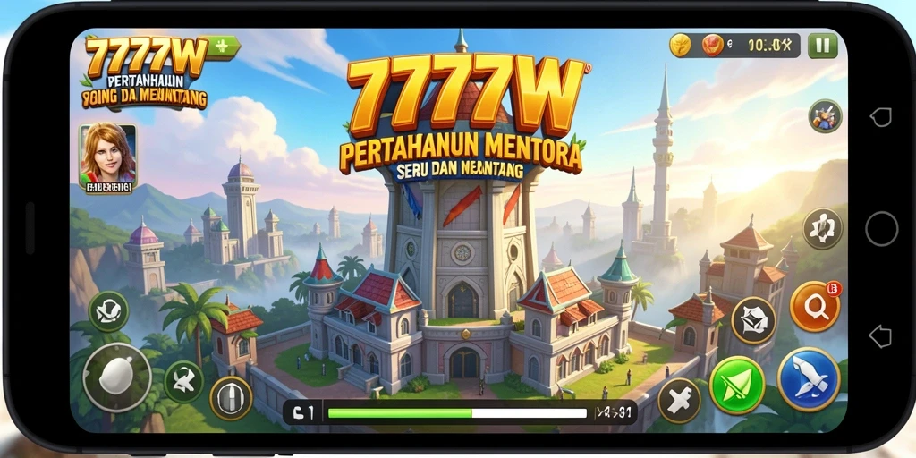 Screenshot gameplay 7777W menampilkan aksi menara bertahan melawan gelombang musuh.
