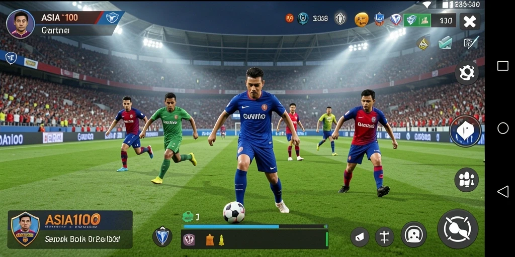 Screenshot gameplay ASIA100 yang menampilkan aksi seru di lapangan sepak bola.