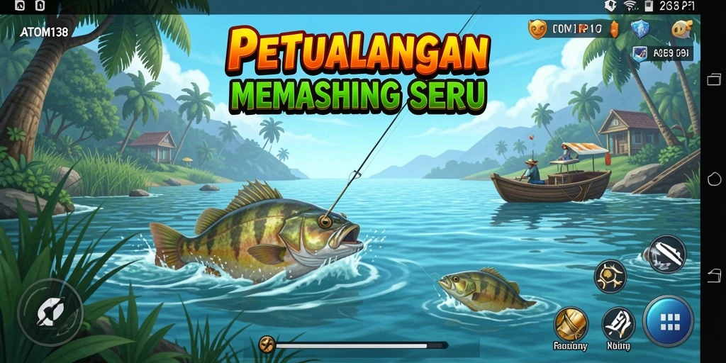 Tampilan gameplay ATOM138 dengan aksi memancing yang seru.