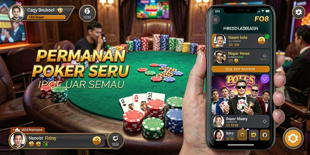 Screenshot permainan FO8 menampilkan keseruan bermain poker secara langsung.