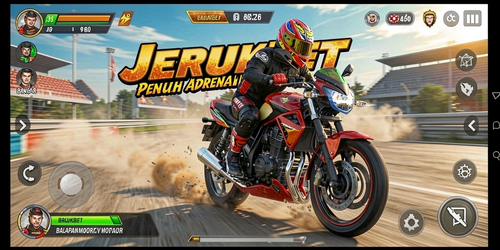 Screenshot utama JERUKBET menampilkan aksi balapan motor yang mendebarkan.