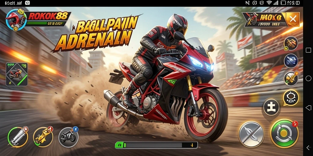 Screenshot gameplay ROKOK88 menampilkan balapan motor yang seru.
