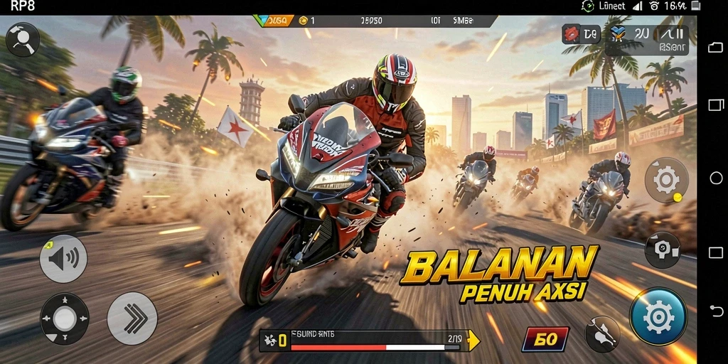 Screenshot utama RP8 menampilkan aksi balapan motor yang mendebarkan.