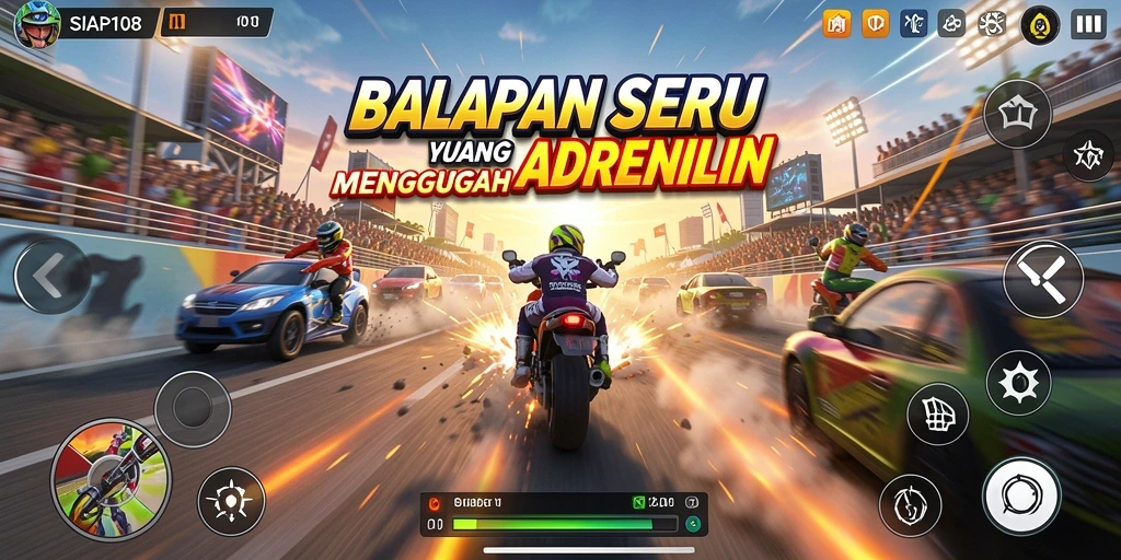 Screenshot gameplay SIAP108 menunjukkan aksi balapan yang mendebarkan di lintasan.