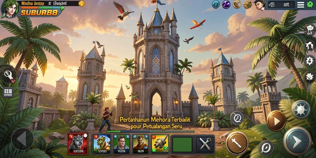 Tampilan dinamis dari gameplay Tower Defense SUBUR88 dengan menara yang beragam.