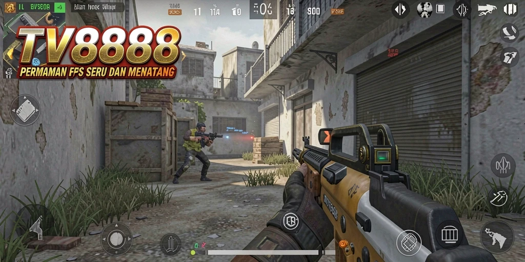 Screenshot utama TV888 yang menunjukkan aksi menegangkan dalam permainan FPS.