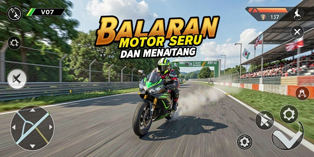 Screenshot V07 memperlihatkan aksi balapan motor yang mendebarkan.